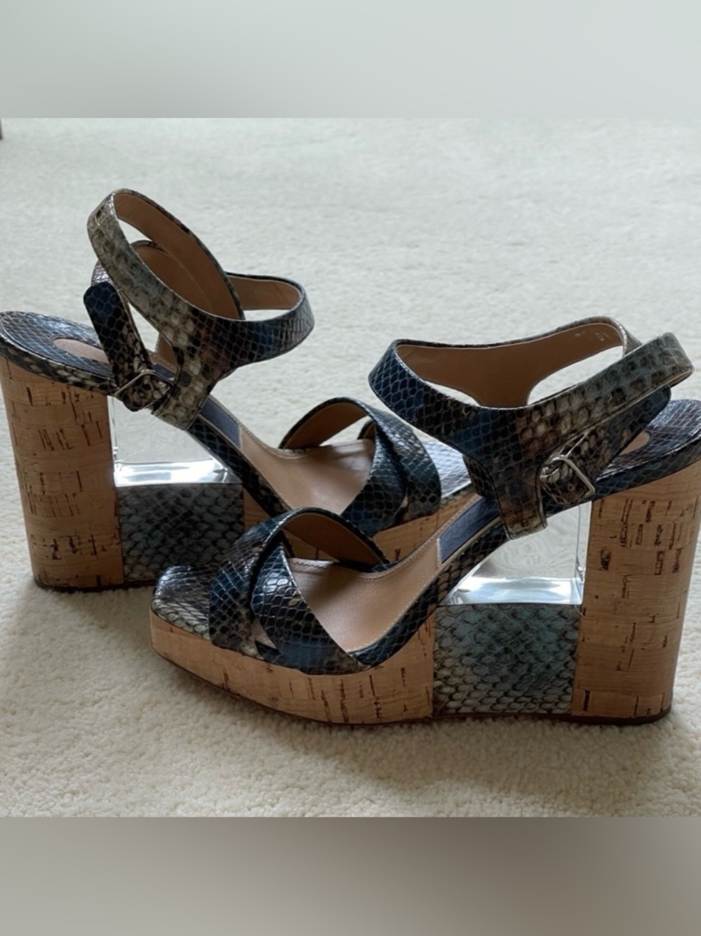 Salvatore Ferragamo Leather Wedge Sandal Blue Python Made In Italy Size 6.5 - Picture 3 of 11
